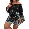imageFloerns Womens Plus Size 2 Piece Boho Floral Off Shoulder Frill Trim Drawstring Front Top ampamp ShortsBlack Multi