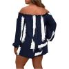 imageFloerns Womens Plus Size 2 Piece Boho Floral Off Shoulder Frill Trim Drawstring Front Top ampamp ShortsDeep Blue