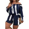 imageFloerns Womens Plus Size 2 Piece Boho Floral Off Shoulder Frill Trim Drawstring Front Top ampamp ShortsDeep Blue