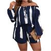 imageFloerns Womens Plus Size 2 Piece Boho Floral Off Shoulder Frill Trim Drawstring Front Top ampamp ShortsDeep Blue