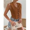 imageFloerns Womens Solid Sleeveless Button Front V Neck Vest Waistcoat Crop TopBrown