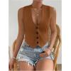 imageFloerns Womens Solid Sleeveless Button Front V Neck Vest Waistcoat Crop TopBrown