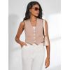 imageFloerns Womens Solid Sleeveless Button Front V Neck Vest Waistcoat Crop TopKhaki
