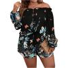 imageFloerns Womens Plus Size 2 Piece Boho Floral Off Shoulder Frill Trim Drawstring Front Top ampamp ShortsBlack Multi