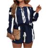 imageFloerns Womens Plus Size 2 Piece Boho Floral Off Shoulder Frill Trim Drawstring Front Top ampamp ShortsDeep Blue