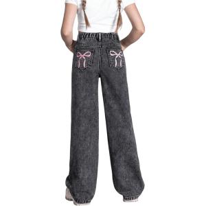 imageFloerns Girls Y2k Bowknot Print Elastic Waist Jeans Wide Leg Cute Denim PantsBlack