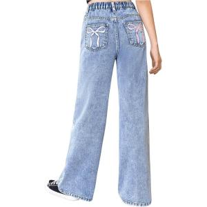 imageFloerns Girls Y2k Bowknot Print Elastic Waist Jeans Wide Leg Cute Denim PantsLight Wash