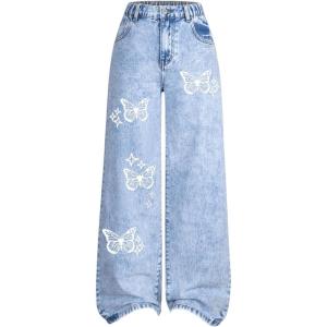 imageFloerns Girls Y2k Bowknot Print Elastic Waist Jeans Wide Leg Cute Denim PantsLight Wash Butterfly