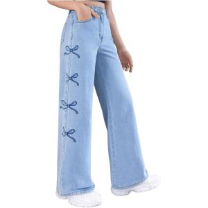 imageFloerns Girls Y2k Bowknot Print Elastic Waist Jeans Wide Leg Cute Denim PantsMedium Wash