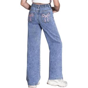 imageFloerns Girls Y2k Bowknot Print Elastic Waist Jeans Wide Leg Cute Denim PantsMedium Wash Denim