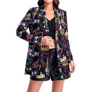 imageFloerns Womens Casual Long Sleeve Graphic Colorful Blazer Work Suit JacketsBlack Letter