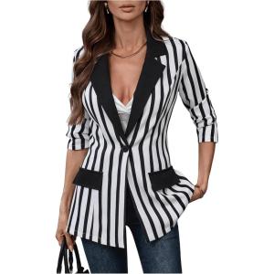 imageFloerns Womens Casual Long Sleeve Graphic Colorful Blazer Work Suit JacketsBlack Striped