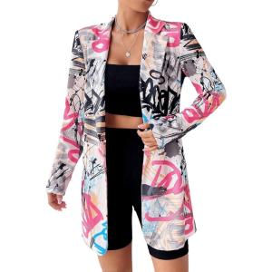 imageFloerns Womens Casual Long Sleeve Graphic Colorful Blazer Work Suit JacketsBlack White Graffiti