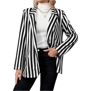 imageFloerns Womens Casual Long Sleeve Graphic Colorful Blazer Work Suit JacketsBlack White Striped