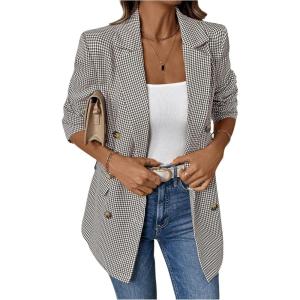 imageFloerns Womens Casual Long Sleeve Graphic Colorful Blazer Work Suit JacketsCoffee Brown Gingham