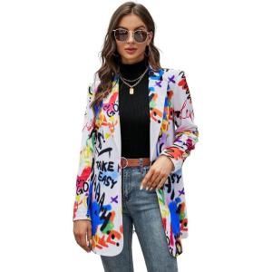 imageFloerns Womens Casual Long Sleeve Graphic Colorful Blazer Work Suit JacketsWhite Slogan
