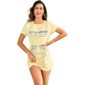 imageFloerns Womens Funny Lingerie Nightgown Cute Print Tshirt SleepdressYellow Solid
