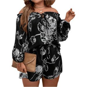 imageFloerns Womens Plus Size 2 Piece Boho Floral Off Shoulder Frill Trim Drawstring Front Top ampamp ShortsBlack