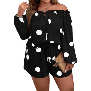 imageFloerns Womens Plus Size 2 Piece Boho Floral Off Shoulder Frill Trim Drawstring Front Top ampamp ShortsBlack Dots