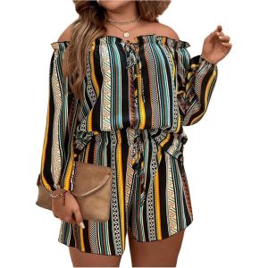 imageFloerns Womens Plus Size 2 Piece Boho Floral Off Shoulder Frill Trim Drawstring Front Top ampamp ShortsBlack Geo