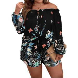 imageFloerns Womens Plus Size 2 Piece Boho Floral Off Shoulder Frill Trim Drawstring Front Top ampamp ShortsBlack Multi