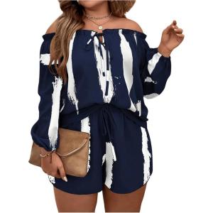 imageFloerns Womens Plus Size 2 Piece Boho Floral Off Shoulder Frill Trim Drawstring Front Top ampamp ShortsDeep Blue