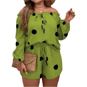 imageFloerns Womens Plus Size 2 Piece Boho Floral Off Shoulder Frill Trim Drawstring Front Top ampamp ShortsGreen
