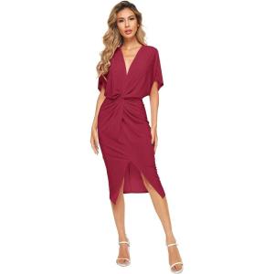 imageFloerns Womens Short Sleeve V Neck Twist Front Split Midi DressBurgundy