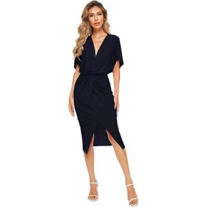 imageFloerns Womens Short Sleeve V Neck Twist Front Split Midi DressNavy New
