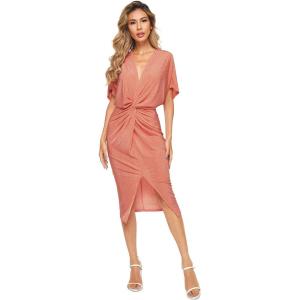 imageFloerns Womens Short Sleeve V Neck Twist Front Split Midi DressOrange