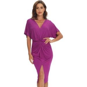 imageFloerns Womens Short Sleeve V Neck Twist Front Split Midi DressPurple Solid