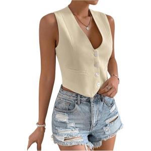imageFloerns Womens Solid Sleeveless Button Front V Neck Vest Waistcoat Crop TopBeige