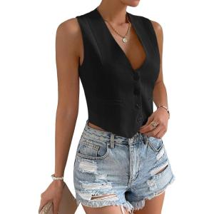 imageFloerns Womens Solid Sleeveless Button Front V Neck Vest Waistcoat Crop TopBlack