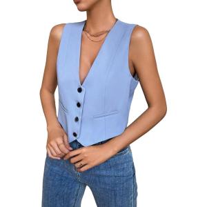 imageFloerns Womens Solid Sleeveless Button Front V Neck Vest Waistcoat Crop TopBlue