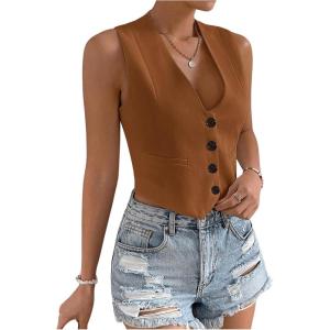 imageFloerns Womens Solid Sleeveless Button Front V Neck Vest Waistcoat Crop TopBrown