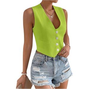 imageFloerns Womens Solid Sleeveless Button Front V Neck Vest Waistcoat Crop TopGreen
