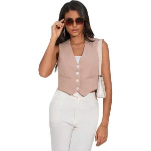 imageFloerns Womens Solid Sleeveless Button Front V Neck Vest Waistcoat Crop TopKhaki