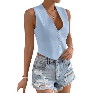 imageFloerns Womens Solid Sleeveless Button Front V Neck Vest Waistcoat Crop TopLight Blue