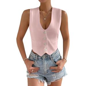 imageFloerns Womens Solid Sleeveless Button Front V Neck Vest Waistcoat Crop TopPink