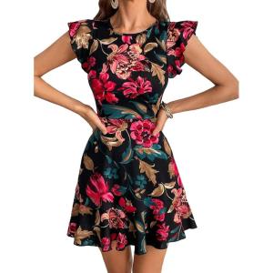 imageFloerns Womens V Back Inslace Layered Ruffle Hem Flutter Sleeve DressBlack Flower