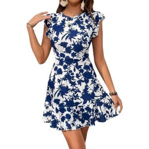 imageFloerns Womens V Back Inslace Layered Ruffle Hem Flutter Sleeve DressBlue White Floral