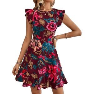 imageFloerns Womens V Back Inslace Layered Ruffle Hem Flutter Sleeve DressBurgundy Floral