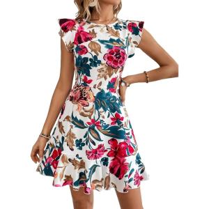 imageFloerns Womens V Back Inslace Layered Ruffle Hem Flutter Sleeve DressWhite Floral