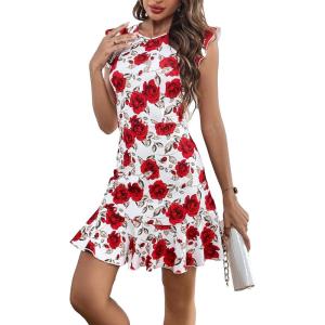 imageFloerns Womens V Back Inslace Layered Ruffle Hem Flutter Sleeve DressWhite and Red