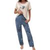 imageFloerns Womens Cartoon Print Short Sleeve Top with Long Pants Two Piece Pajama SetsBeige Dusty Blue