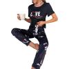 imageFloerns Womens Cartoon Print Short Sleeve Top with Long Pants Two Piece Pajama SetsBlack Heart