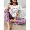 imageFloerns Womens Cartoon Print Short Sleeve Top with Long Pants Two Piece Pajama SetsWhite and Purple