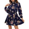 imageFloerns Womens Mock Neck Long Sleeve Floral Print Ruffle Short DressBoho Navy Floral