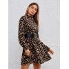 imageFloerns Womens Mock Neck Long Sleeve Floral Print Ruffle Short DressBrown Leopard