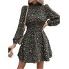 imageFloerns Womens Mock Neck Long Sleeve Floral Print Ruffle Short DressDark Green